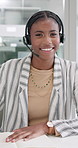 Black woman, consultant and writing with headphones at call center for customer service or report at office. Portrait or pov of young African, female person or agent talking with mic for online help