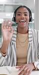 Black woman, consultant and wave with headphones for video call, customer service or telemarketing at office. Portrait or pov of young African, female person or agent talking with mic for online help