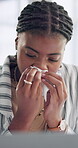 Black woman, business and blowing nose for sick in office with emergency, allergy problem and flu symptoms. African, female person and fatigue with health risk, medical virus and suffering of stress