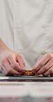 Kitchen, hands and pastry with chef for dumplings, shape and fold technique with food on table. Culinary, person and professional cook with dough for preparation, hospitality and dish as fine dining