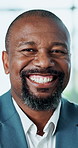 Happy, office and face of business black man with confidence for work, career and job opportunity. Professional, corporate consultant and portrait of person with pride laugh for joke in company