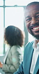 Happy, confidence and face of black man at desk for consulting service, business development and online support. Office, portrait and businessman with computer, typing and smile at digital agency