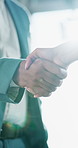 Handshake, morning and hands of business people in office for teamwork, collaboration and partnership. Corporate, meeting and workers with agreement, b2b networking and thank you for promotion