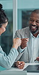 Office, smile and business people with fist bump in meeting for audit report, info and success. Happy, financial manager and trainee with gesture by tech for performance review, articles and feedback