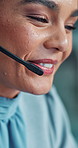 Call center, woman and communication on microphone or happy for assistance, customer service or friendly operator. Telemarketing agent, consultant and advice with headset for talking or telecom sales