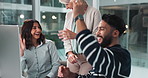 Computer, excited and business people in office with celebration, solution and high five for problem solving. Team, ceo and software developers for bug fixing, system update and applause for success