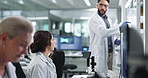 Collaboration, science and talking with people in lab for breakthrough, report or research. Computer, glass board and innovation with doctors working together for pharmaceutical discovery or solution