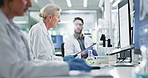 Clipboard, computer and science with team in lab for breakthrough, report or research. Collaboration, computer and innovation with people working together for pharmaceutical discovery or solution