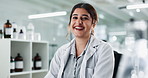 Woman, scientist and happy in lab for medical or science research and investigation. Female person, portrait and smile or proud for career growth as expert for drug trial, experiment and results