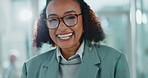 Business, office and face of woman with laugh, confidence and about us at project management agency. Happy portrait, excited businesswoman or consultant with professional opportunity, pride and smile