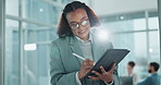 Business woman, office and writing on tablet for planning schedule, calendar app and report notes. Female journalist, digital pen and tech for editing article, project review and copywriting info