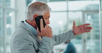 Businessman, discussion and phone call with negotiation in office for client, investment and finance update. Mature director, and consult with tech for stock market, trading and growth in share price