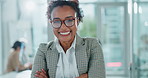 Face, business and woman with arms crossed, glasses and smile with pride, confidence and legal aid. Portrait, employee and attorney office with eyewear, lawyer and professional with career ambition