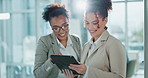 Happy, business woman and team with tablet for schedule, tasks or calendar before meeting at office. Female person, employees or friends with smile on technology for project or planning at workplace