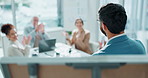 Businessman, whiteboard and presentation with team in applause for meeting, well done or good job at office. Man or speaker talking to group of employees clapping for success or speech at workplace