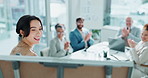 Business woman, whiteboard and team with applause for meeting, well done or good job at office. Female person or speaker talking to group of employees clapping for success or speech at workplace