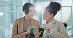 Office, support and business people with tablet in discussion for investment, update or finance review. Corporate, women and conversation with tech for economy news, solution or report on share price