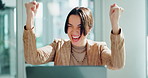 Excited, business woman and winning with laptop for good news, promotion or email at office. Happy female person or employee with smile or fist pump on computer for victory, lottery or prize at desk