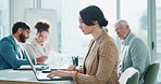 Laptop, meeting and business woman in boardroom of office for research to type online report. Administration, computer and information with employee in corporate workplace for email communication