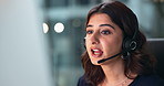 Customer service, talking and headset for woman, night and  reading of inquiry in email and help desk. Telemarketing, communication and employee with microphone, bokeh and person in office of agency