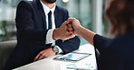 Business people, hands and fist bump for partnership, proposal or agreement together in office. Businessman, tablet and graphic for deal, project budget and teamwork with collaboration or achievement