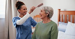 Senior, woman and caregiver in bedroom with series for hair care, getting ready and mobility support in wheelchair. Elderly, person and nurse with helping in nursing home for healthcare and grooming