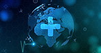 Medical, background and globe of earth with symbol for first aid, network and global healthcare service. Medicine, graphic and pulse with icon by planet for science, particle or cardiology innovation