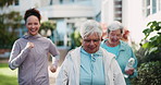 Elderly women, power walk and group in park with exercise, nature and health with retirement. Senior friends, steps and happy with training, workout and together for support in nature and fitness