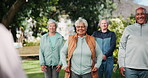 Senior, people and group for exercise outdoor with instructor, stretching training and mobility of health. Elderly, community and coach for fitness class, shoulder workout and wellness on retirement