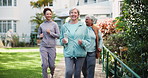 Senior women, power walk and friends in park with exercise, nature and health with retirement. Elderly people, steps and happy with training, workout and together for support in nature and routine