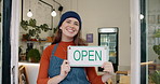 Face, coffee shop and woman with open sign, small business and startup with welcome, smile and retail success. Portrait, happy entrepreneur and barista with poster, new store and customer service