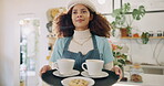 Black woman, food and carrying coffee for order in cafe of customer service, breakfast brunch and meal delivery. Female waitress, server and beverage or product plate of hospitality distribution
