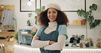 Woman, face and waitress with confidence, small business and arms crossed as entrepreneur in cafe. Female person, barista and pride in industry, hospitality or customer service with happiness at work