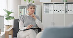 Office, psychologist and woman with clipboard in discussion for assessment, chart or observation. Psychology, work and mature person with checklist in consult for patient progress, evaluation or info