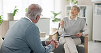 Senior, man and consultation in therapy for counseling, emotional support and advice for retirement. Elderly man, psychologist and speaking for wellness coaching, mental health and stress management.