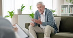 Help, counseling and senior man with psychologist for consulting session, conversation or advice. Service, support and elderly patient with therapist for retirement decision, discussion or anxiety