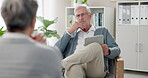 Advice, man and psychologist with tablet listening to woman in office for counseling, retirement decision or support. Service, therapist and senior patient for diagnosis, communication or help