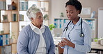 Doctor, prescription and senior woman for advice in clinic, appointment or wellness for elderly care. Female people, pharma and patient with medical professional, support and hospital for diagnosis