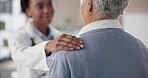 Doctor, hand on shoulder and senior woman with advice in clinic for appointment, wellness and elderly care. Female people, help and patient as medic, staff or support in hospital for routine check up