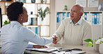 Senior man, doctor and handshake for paperwork, legal consent forms or life insurance documents for surgery. People, consulting and medical administration for elderly support, agreement or contract