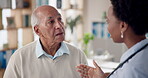 Senior, man and doctor in healthcare for sore throat with advice, feedback and checkup support for thyroid cancer. Elderly patient, medical expert and consultation for help with respiratory infection