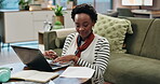 Business, black woman and laptop with paperwork in home for typing article, creative review or newsletter on floor. Freelancer, copywriter and remote work with documents for blog post or web feedback