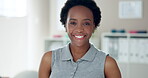 Woman, happy and face of physiotherapist in office with confidence for physical therapy or recovery service. Chiropractor portrait, black person and smile at workplace for rehabilitation and wellness