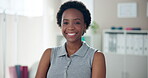 Woman, smile and face of physiotherapist in office with confidence for physical therapy or recovery service. Chiropractor portrait, black person and happy at workplace for rehabilitation and wellness