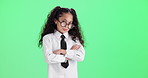 Child, shirt and tie for business by green screen with arms crossed, face or glasses by studio background. Girl, kid and formal fashion for style in portrait, learning and mock up space for career