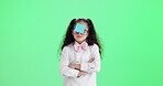 Girl, kid and sticky note on head with green screen for learning, education or school quiz with confidence or creativity. Student or child with arms crossed for idea or solution on studio background