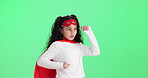 Girl, hero and child with dancing by green screen with smile, funny and games by background. Kid, happy and playful with mask, comic and fight crime for fantasy with superpower by mock up space