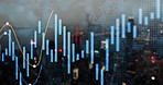 Growth, digital and lines with graph in city for finance or supply chain, commodity price increase or decrease. Chart information, stock market and stats of economic inflation, cost and value or rate