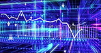 Data grid, network and hologram with cyberspace, stock market and connection for graphs, trading and database. Empty, holographic or lines with info, future tech or research with investment or crypto