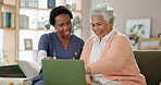 Nurse, senior woman and happy with laptop on sofa for subscription and entertainment in nursing home. People, caregiver and patient with smile on internet or online for funny videos and memes